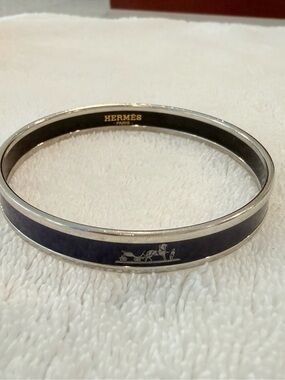 Authentic Hermès Caleche Enamel Bangle Dark Blue & Silver (with Original Box)